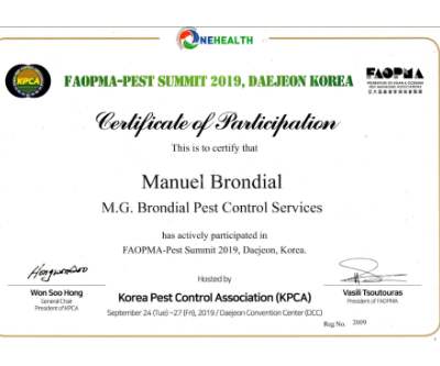 FAOPMA-PEST SUMMIT 2019, DAEJEON KOREA mgbrondial certificate